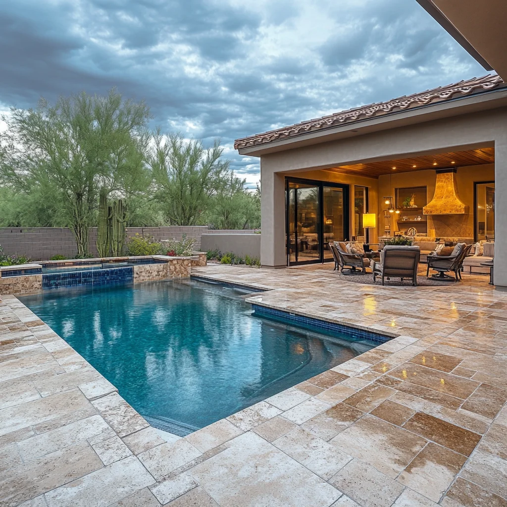 Clean travertine pool deck with turquoise pool water