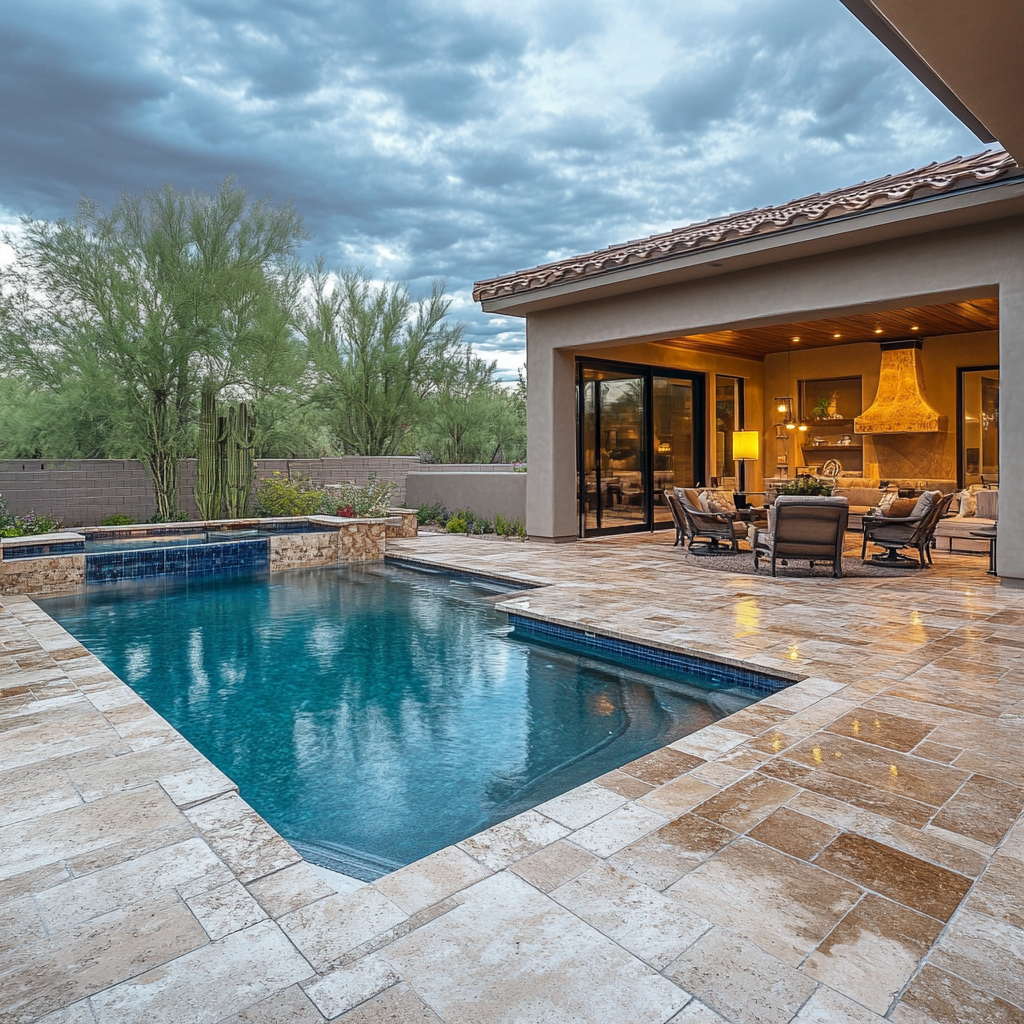 Concrete pool deck freshly cleaned and restored