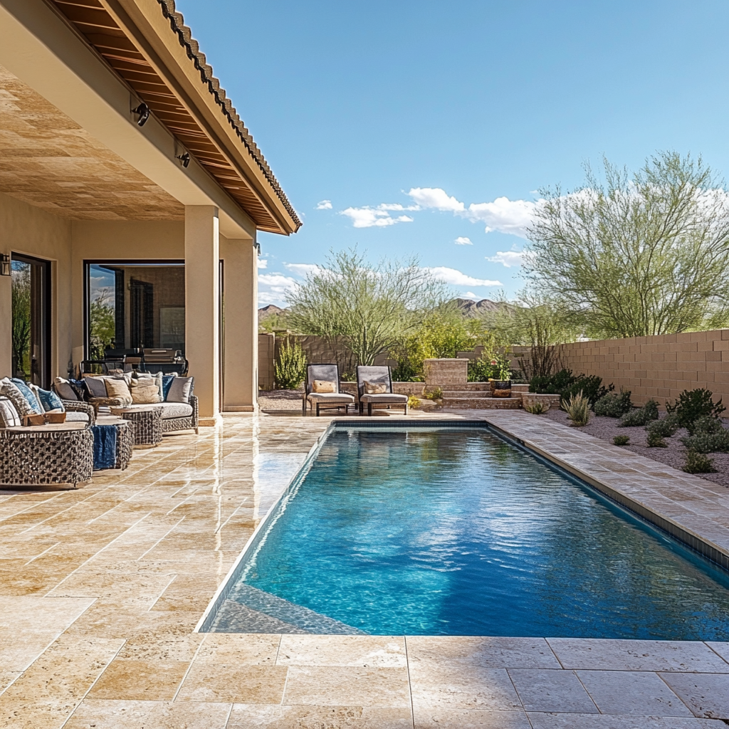 Paver patio around pool deck cleaned to original condition