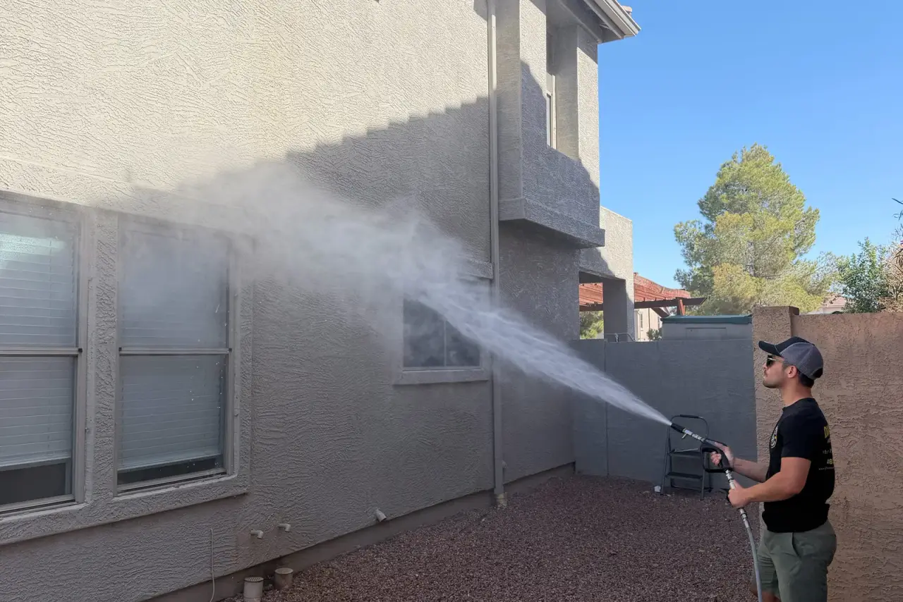 Low-pressure soft wash on a Gilbert stucco home exterior