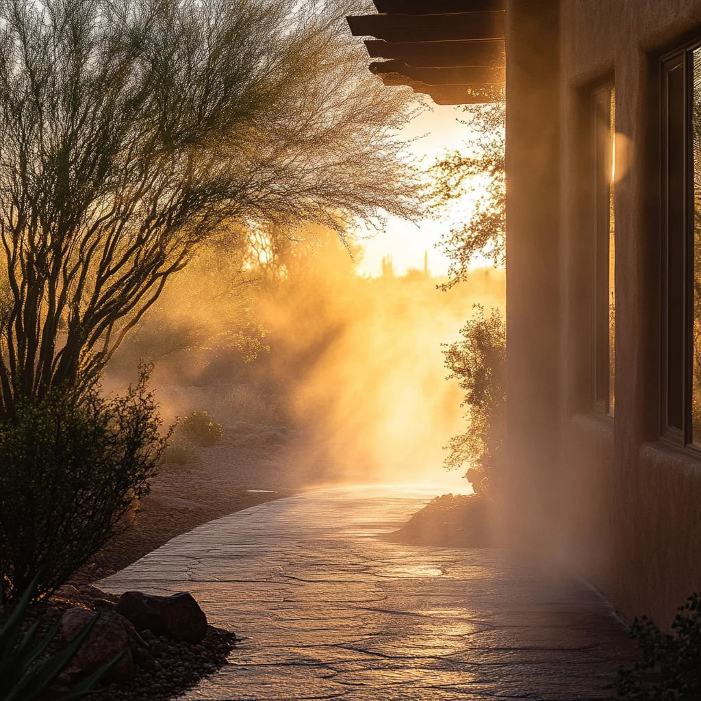 Pressure washing mist at sunrise in Arizona