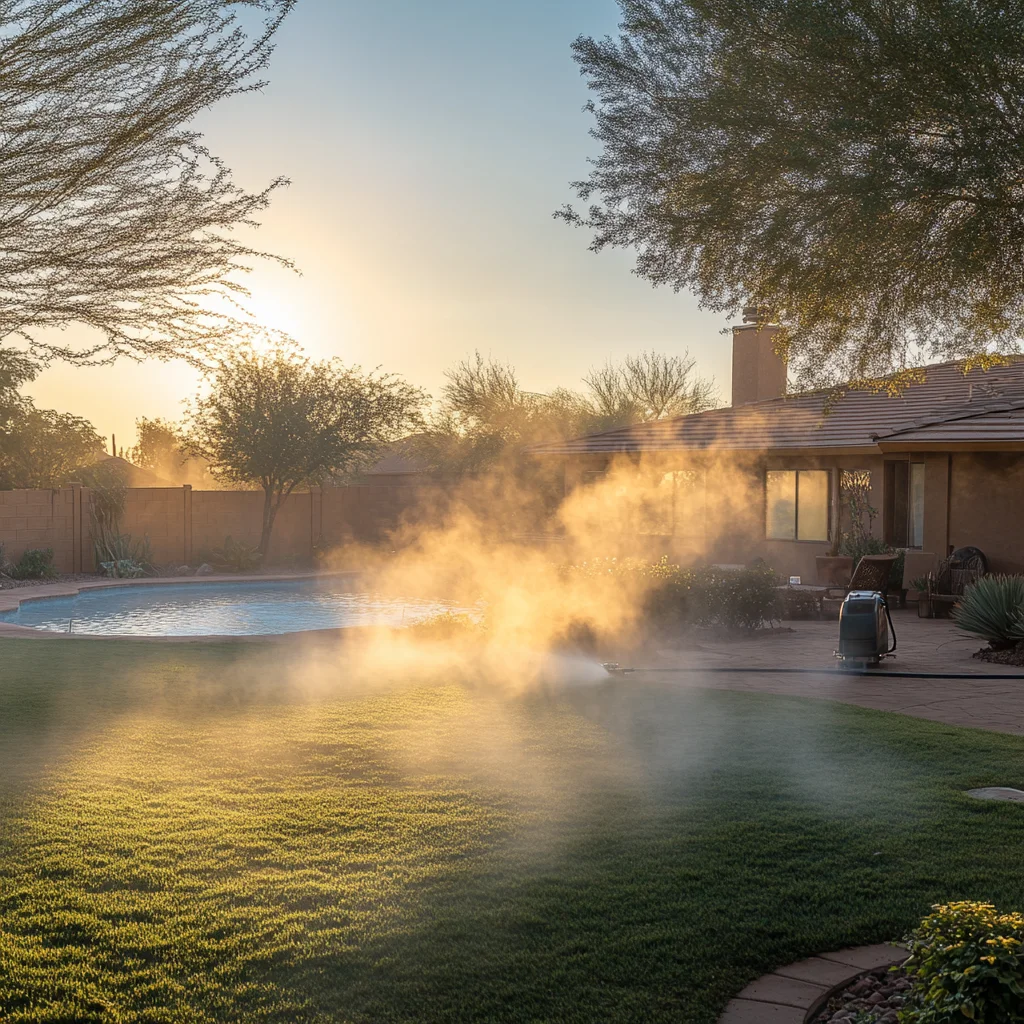 Pressure washing mist drifting across Arizona backyard at sunrise
