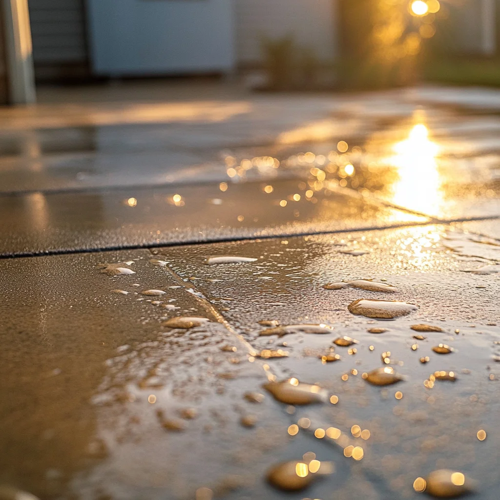 Pressure washing mist settling over freshly cleaned surface