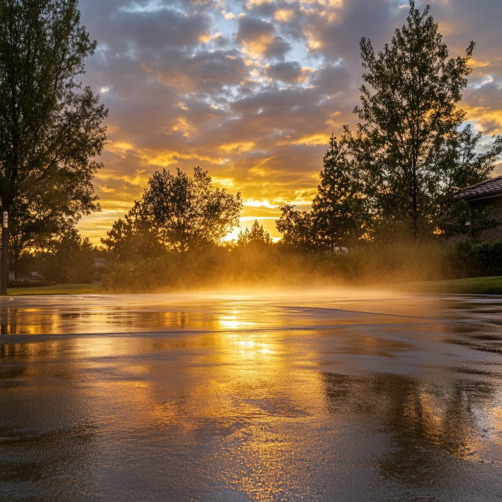 Soft pressure washing mist drifting across clean Arizona exterior