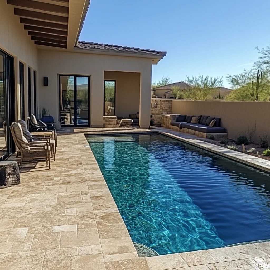Clean travertine pool deck with turquoise pool water